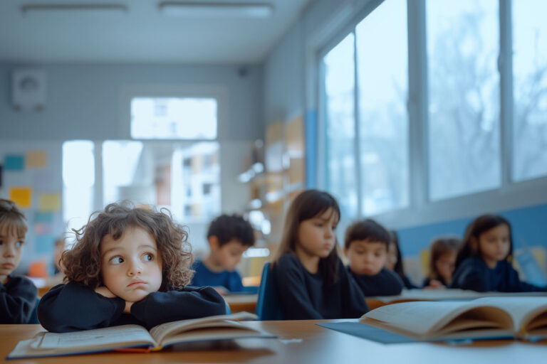 A young child sitting at a desk