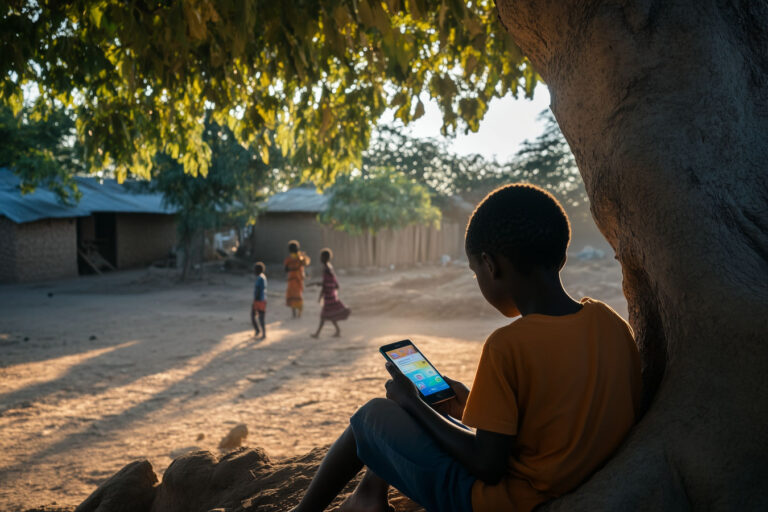 An African teenager uses a literacy app on a phone under a tree, with a school and community life in the background.